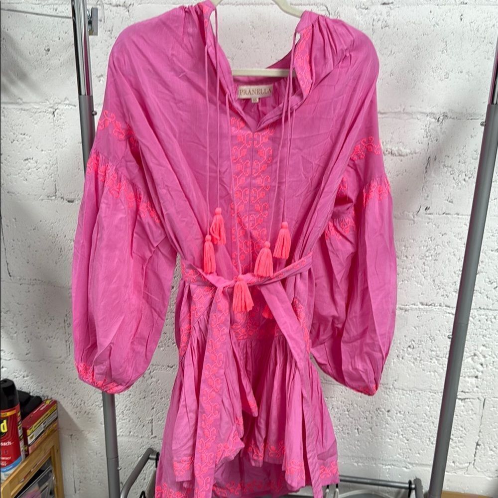 PRANELLA ONe Size Belted Summer Patterned Fuchsia Dress with Tassels